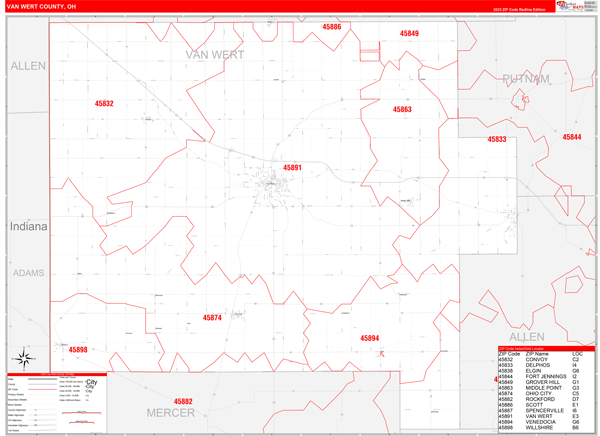 Van Wert County, OH Wall Map Red Line Style